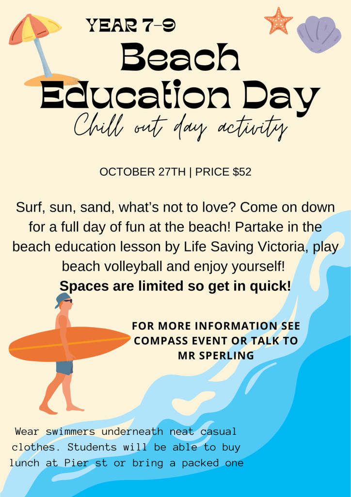 Altona College CLP - Beach Education Day poster, Term 1 2023